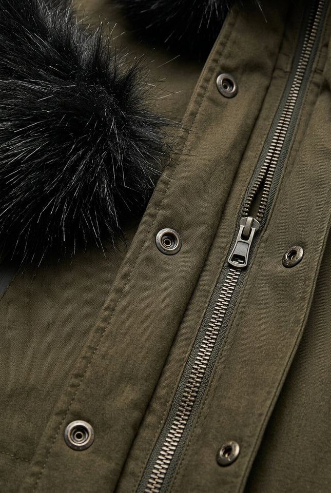 Long Line Faux Fur Anorak - Khaki - Detail