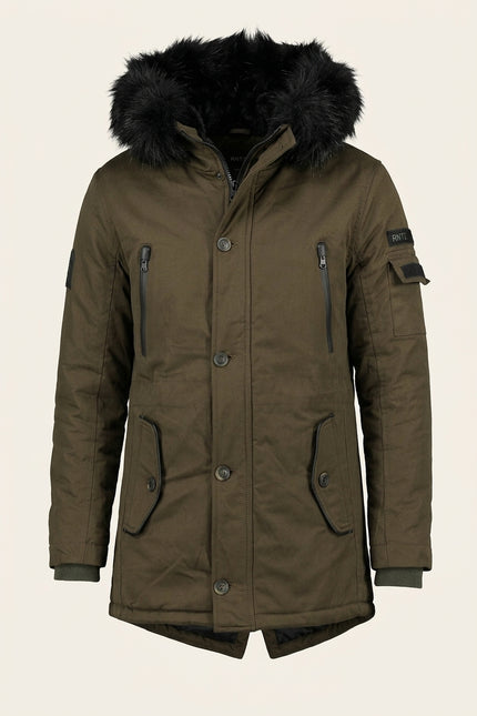 Long Line Faux Fur Anorak - Khaki - Front