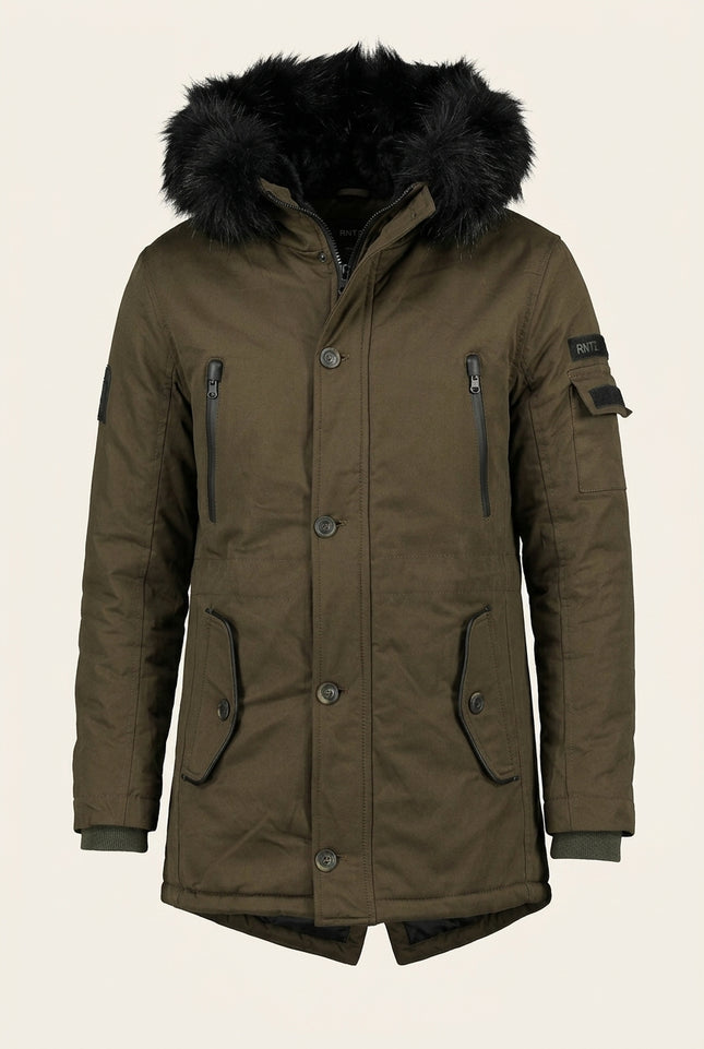 Long Line Faux Fur Anorak - Khaki - Front