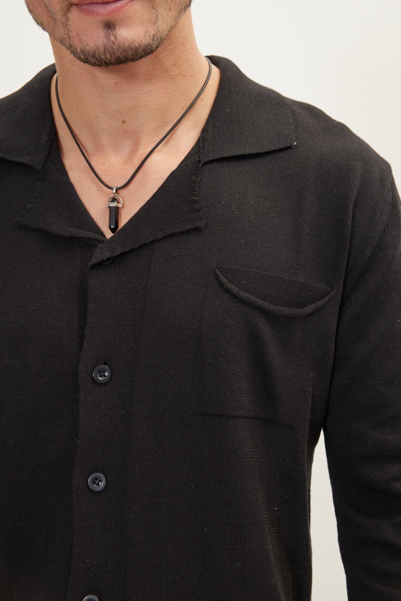 Long Sleeve Knit Button Down - Black - Ron Tomson