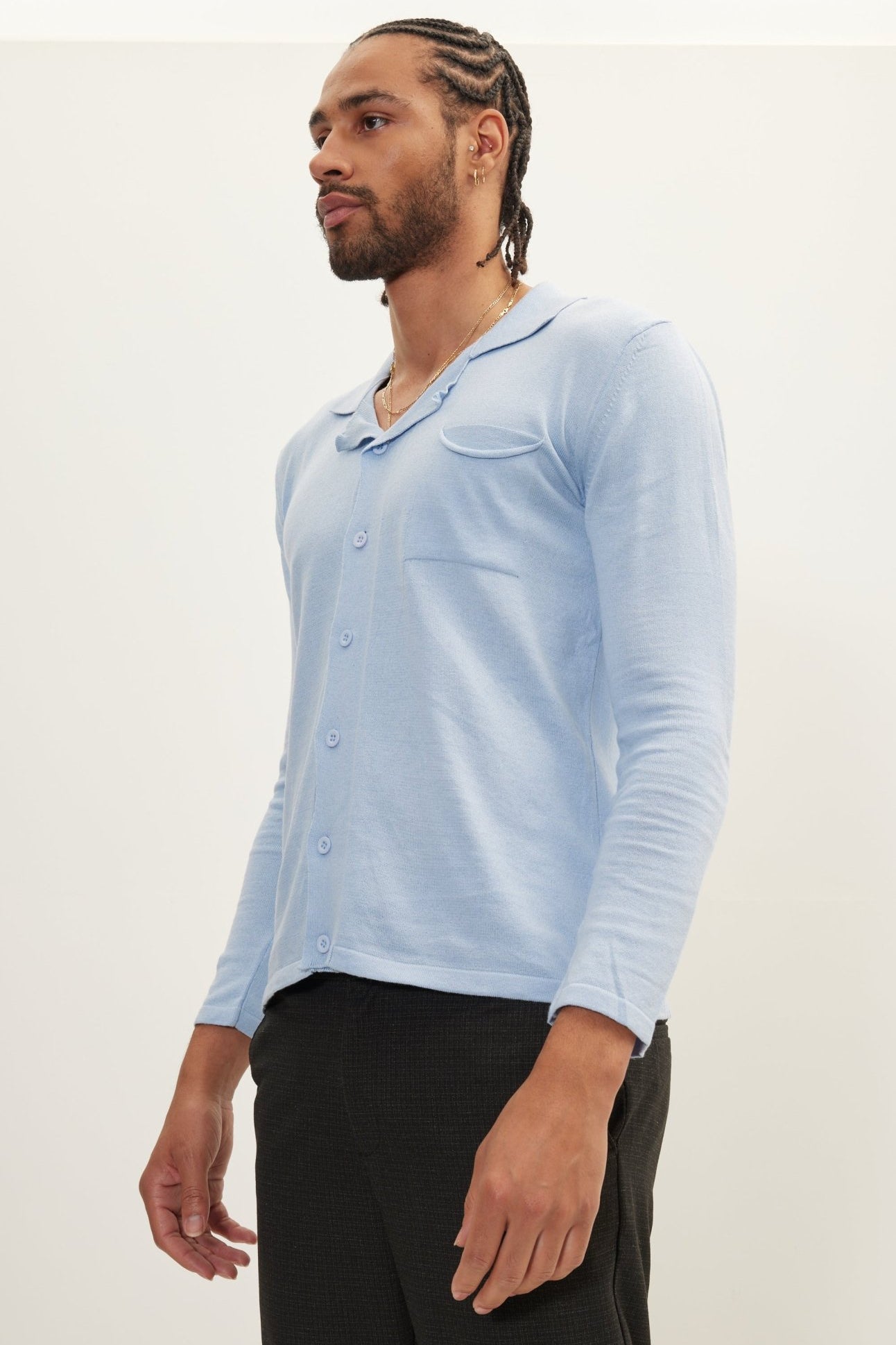 Long Sleeve Knit Button Down - Blue - Ron Tomson