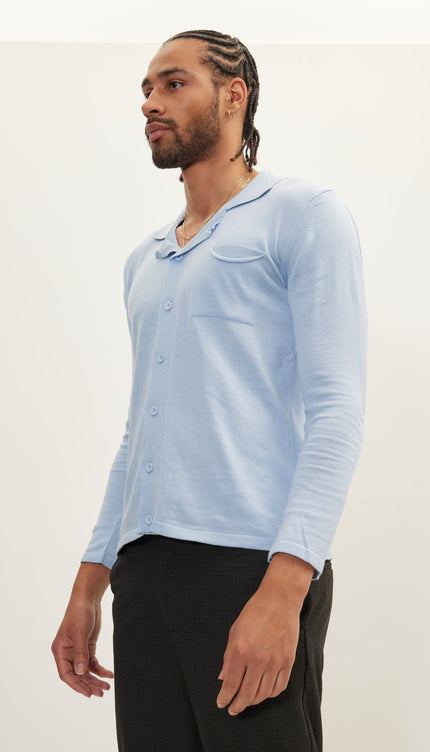 Long Sleeve Knit Button Down - Blue - Ron Tomson