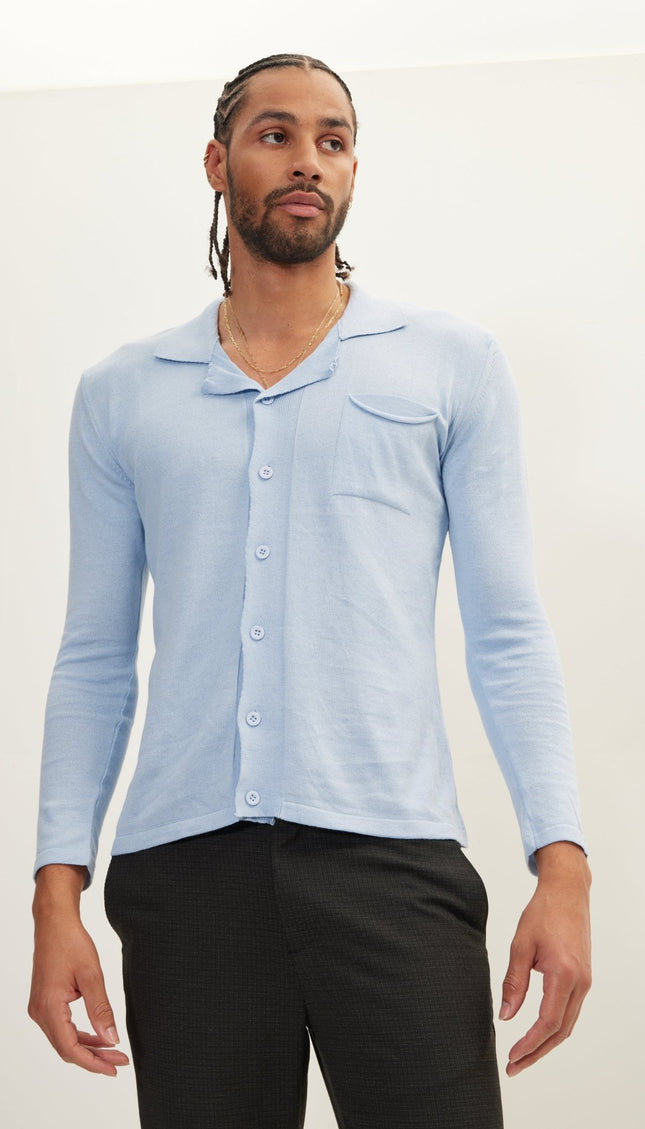 Long Sleeve Knit Button Down - Blue - Ron Tomson
