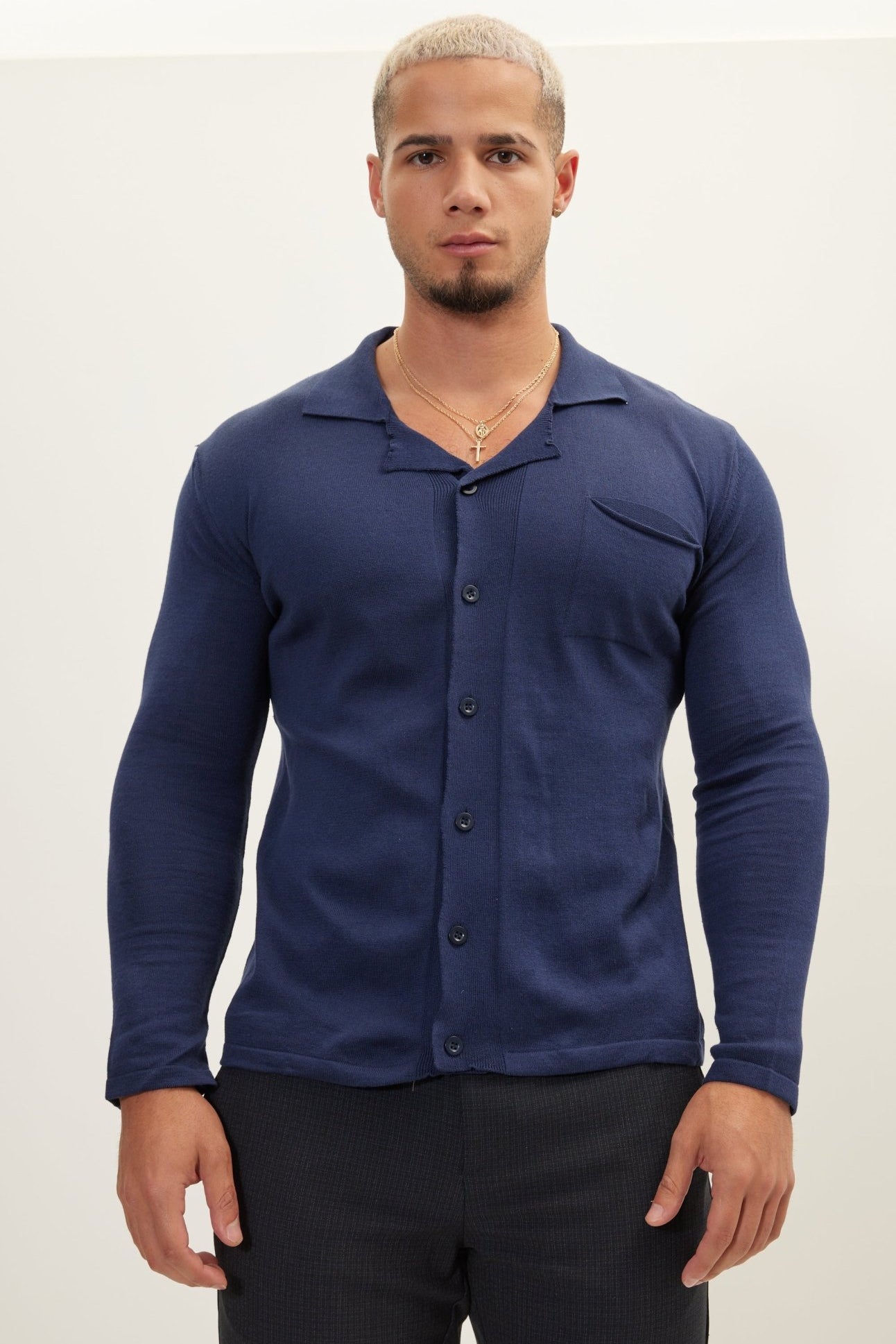 Long Sleeve Knit Button Down - Navy - Ron Tomson