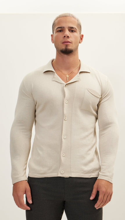 Long Sleeve Knit Button Down - Stone - Ron Tomson