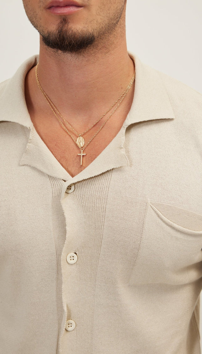 Long Sleeve Knit Button Down - Stone - Ron Tomson