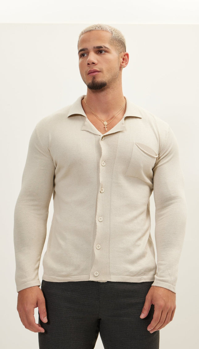 Long Sleeve Knit Button Down - Stone - Ron Tomson