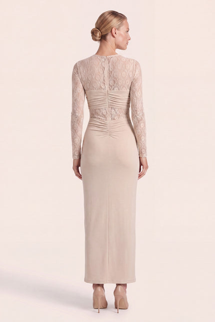 Long-Sleeve Laced Dress - Beige - back view