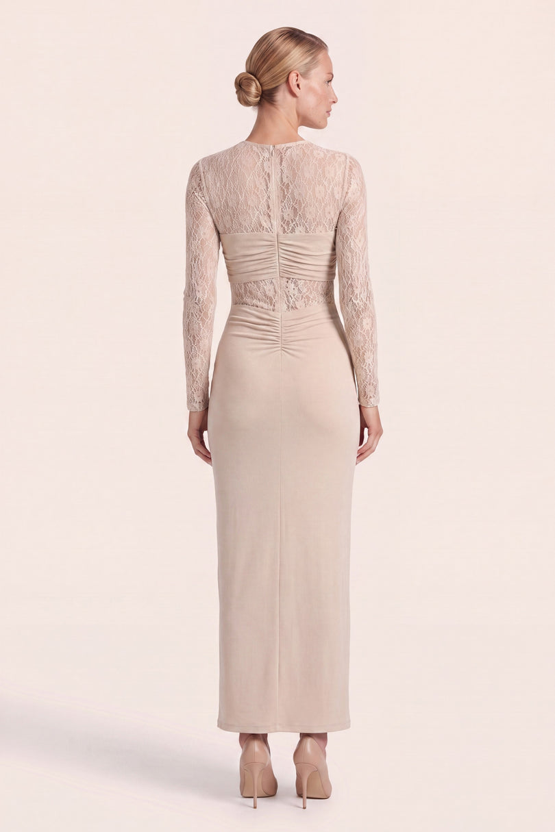 Long-Sleeve Laced Dress - Beige - back view