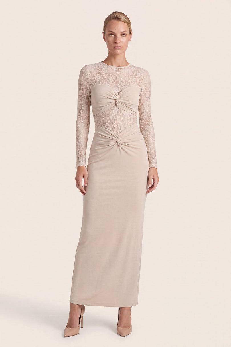 Long-Sleeve Laced Dress - Beige - front view