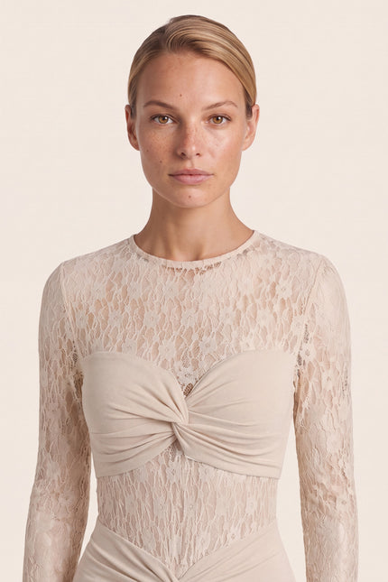 Long-Sleeve Laced Dress - Beige - macro view