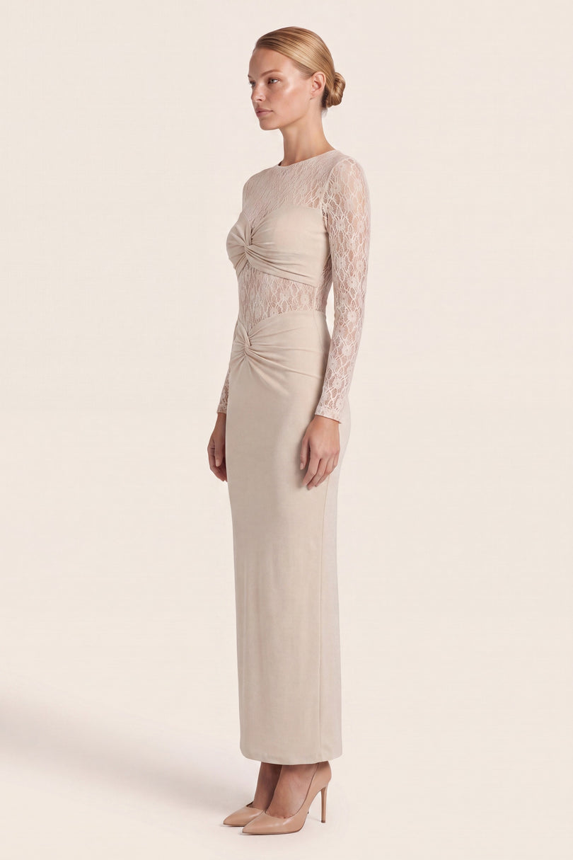 Long-Sleeve Laced Dress - Beige - side view