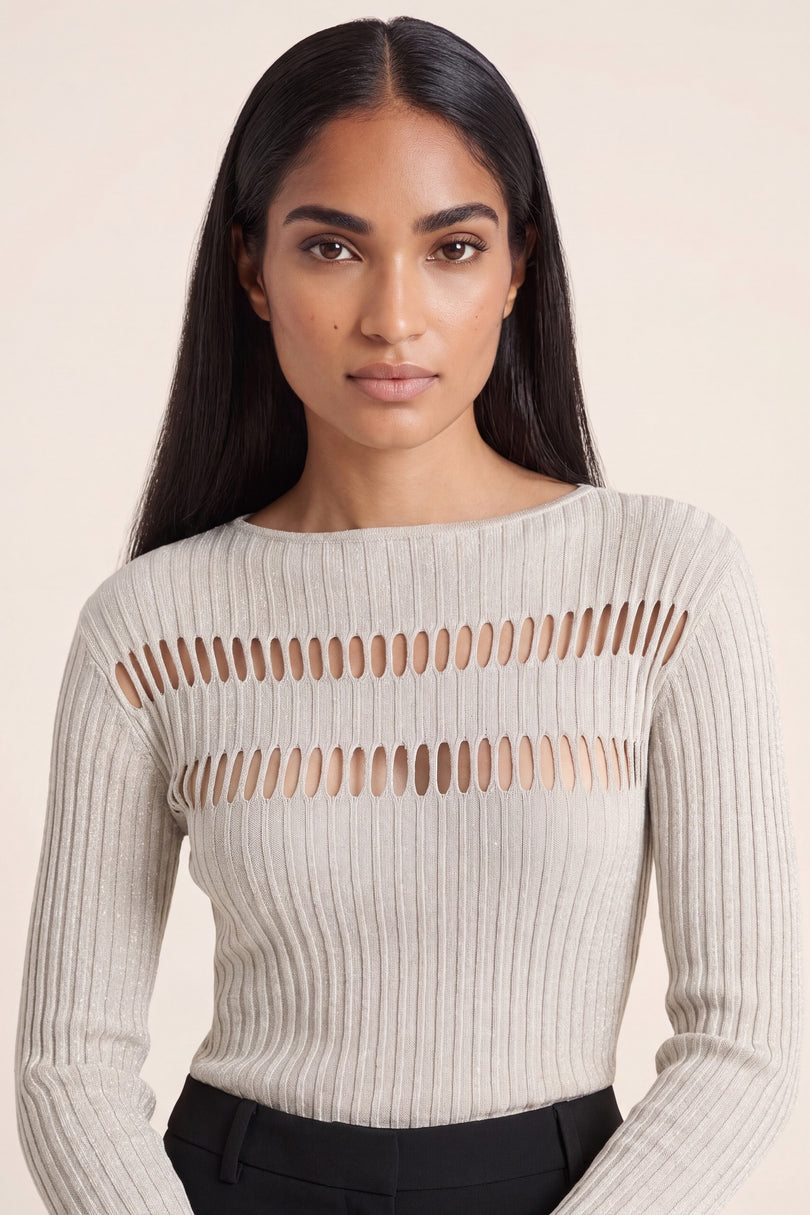 Cut-Out Ribbed Top - Off-White - macro view