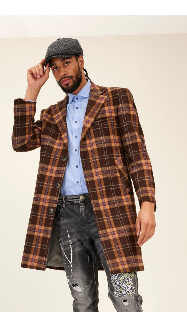 Longline Chesterfield Plaided Coat - Brown - Ron Tomson