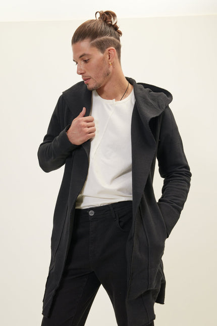 Longline Hooded Cardigan - Black - Ron Tomson