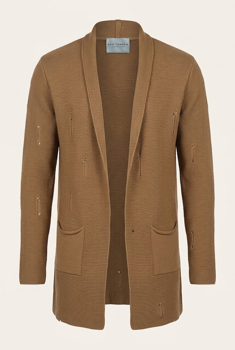 Longline Knit Cardigan - Camel - Front