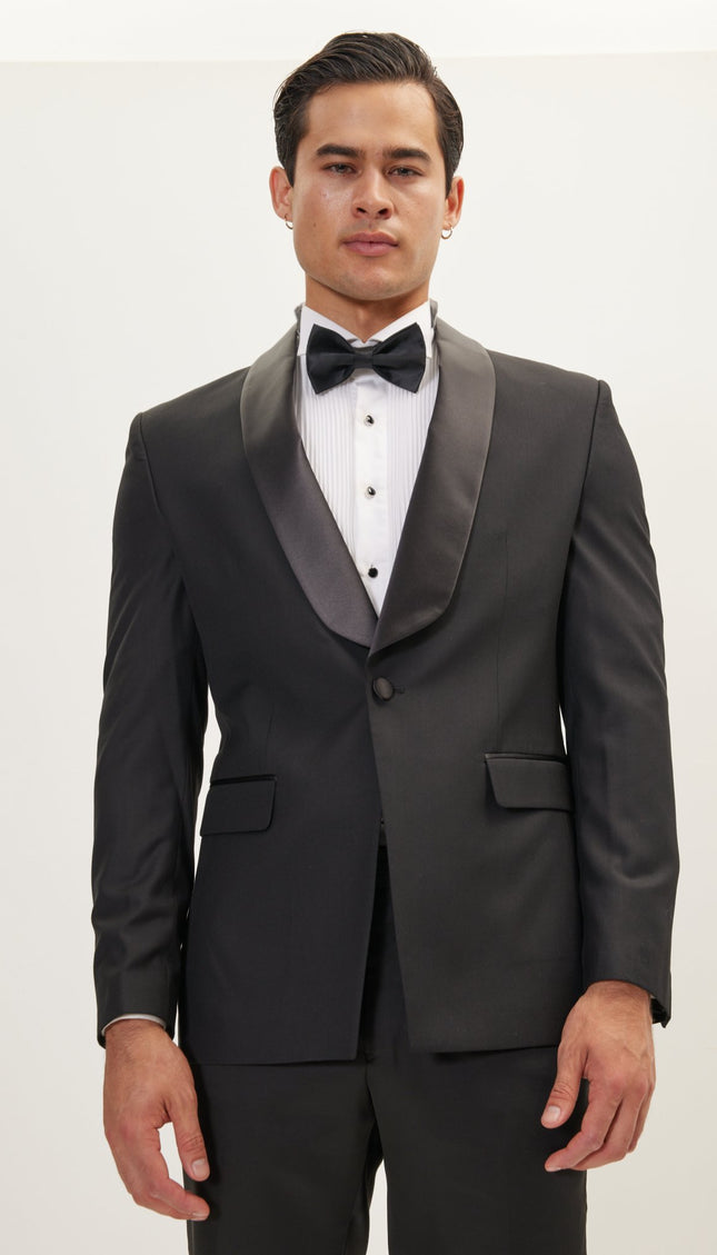 Ludlow Shawl Collar Tuxedo Jacket - Black Satin - Ron Tomson