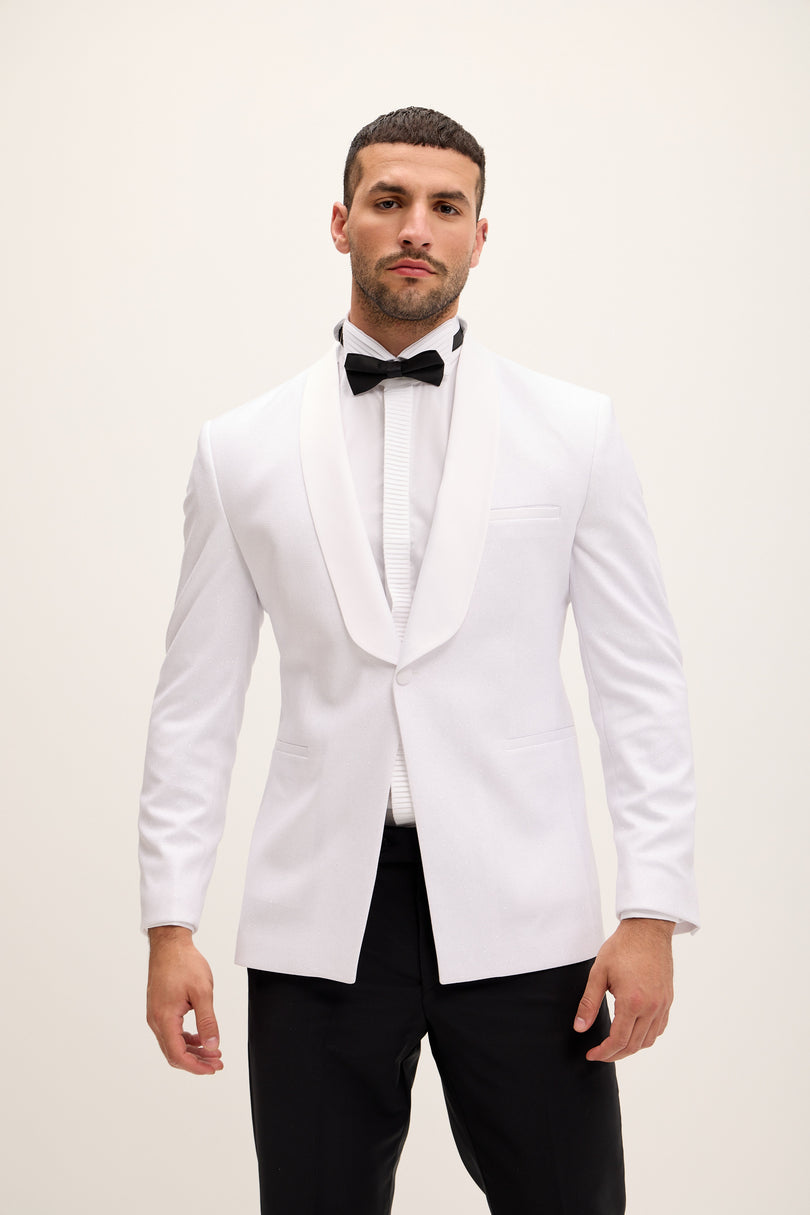 Ludlow Shawl Lapel Glitter Tuxedo Jacket - White - Ron Tomson