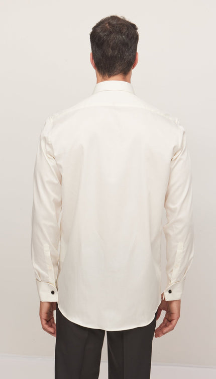 Lurex Paneled Spread Collar Shirt - Beige Beige - Ron Tomson