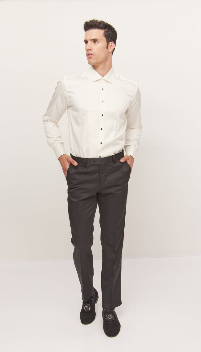 Lurex Paneled Spread Collar Shirt - Beige Beige - Ron Tomson