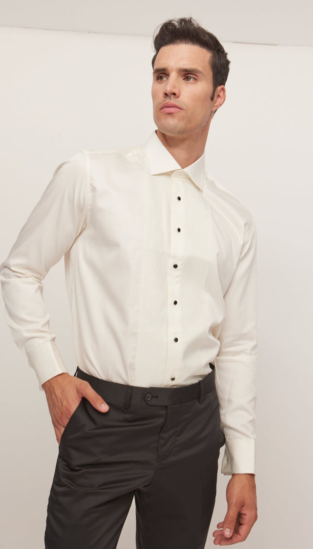 Lurex Paneled Spread Collar Shirt - Beige Beige - Ron Tomson