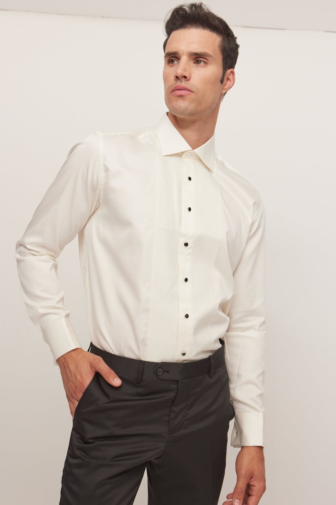 Lurex Paneled Spread Collar Shirt - Beige Beige - Ron Tomson