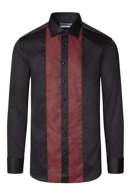 Lurex Paneled Spread Collar Shirt - Black Red - Ron Tomson