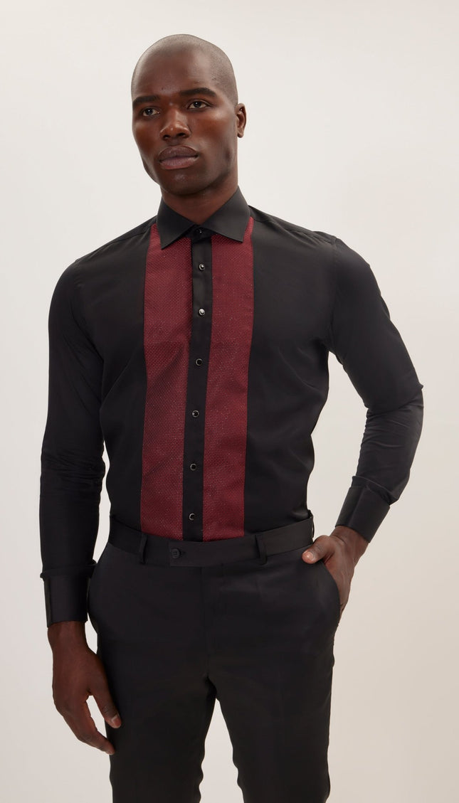 Lurex Paneled Spread Collar Shirt - Black Red - Ron Tomson