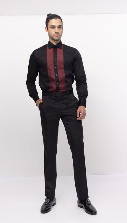 Lurex Paneled Spread Collar Shirt - Black Red - Ron Tomson