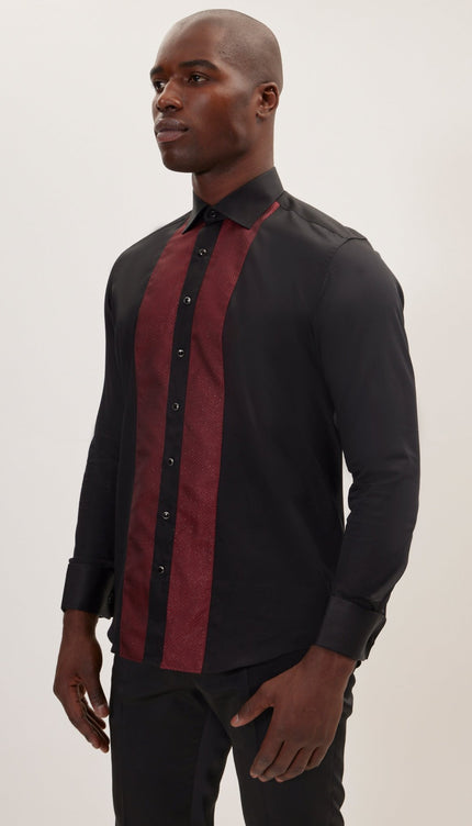 Lurex Paneled Spread Collar Shirt - Black Red - Ron Tomson