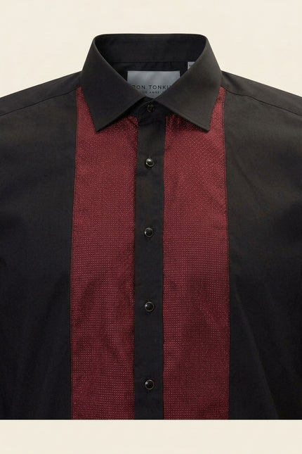 Lurex Paneled Spread Collar Shirt - Black Red - Detail