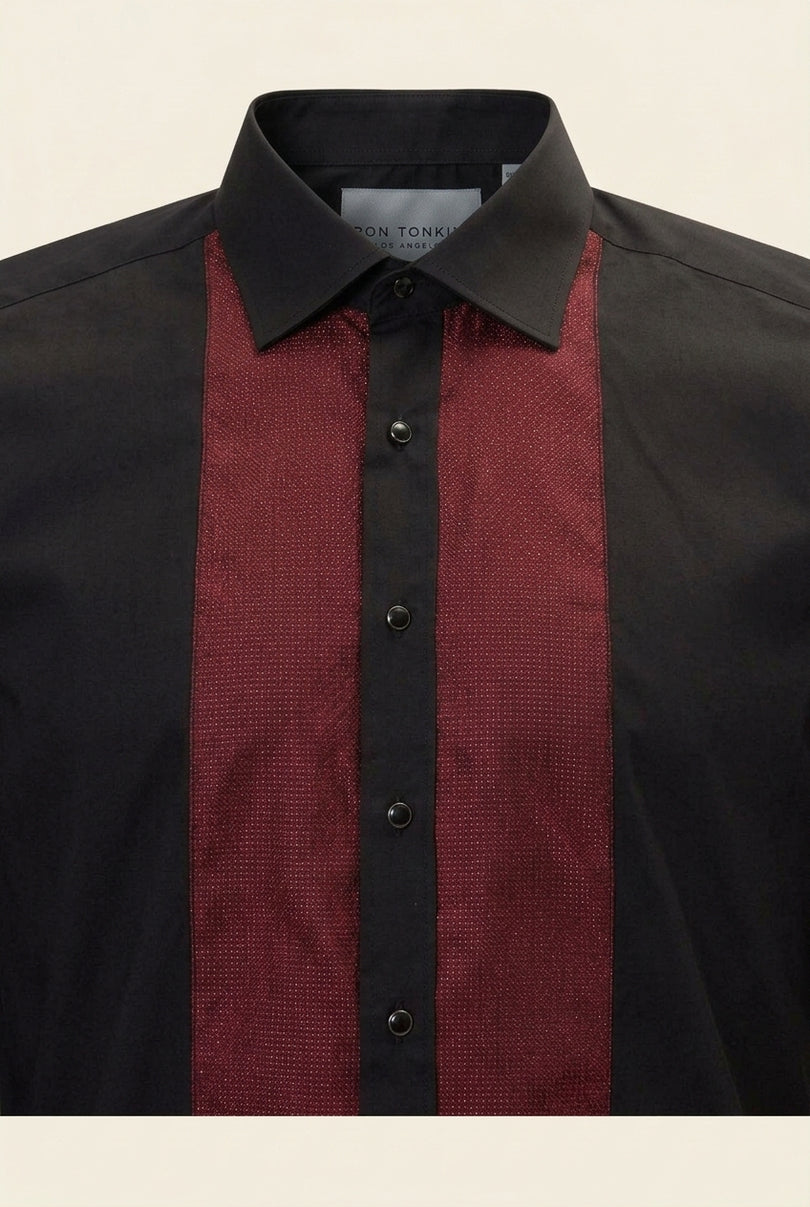 Lurex Paneled Spread Collar Shirt - Black Red - Detail