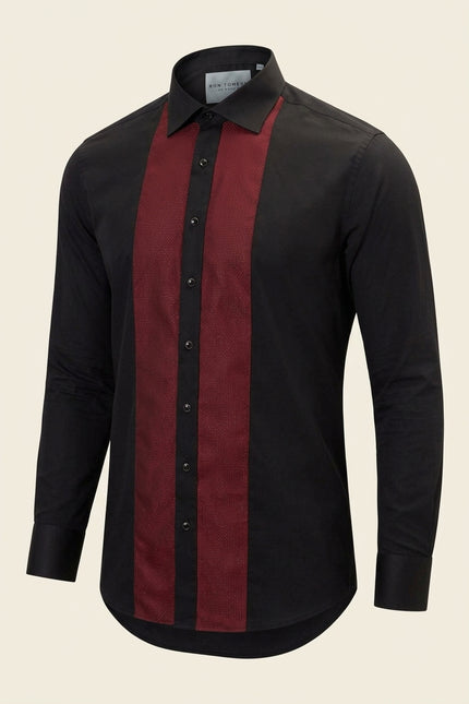 Lurex Paneled Spread Collar Shirt - Black Red - Front