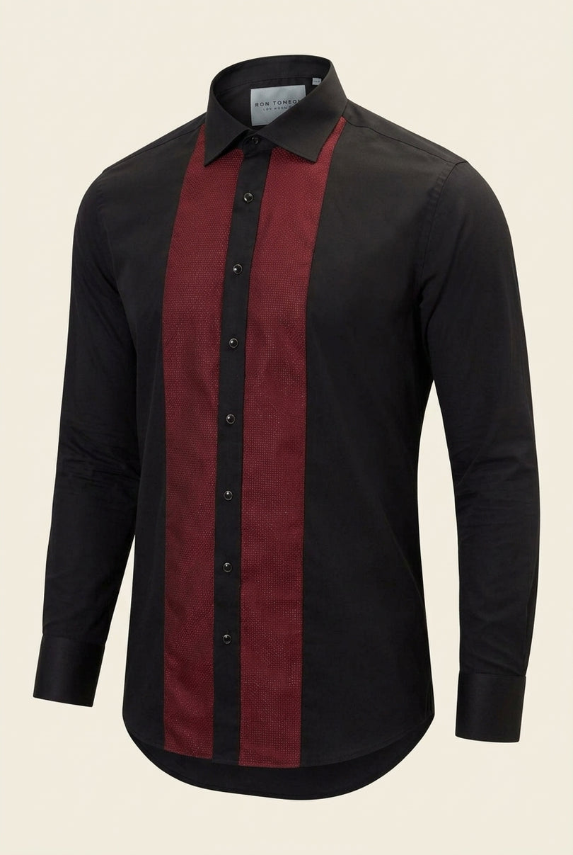Lurex Paneled Spread Collar Shirt - Black Red - Front