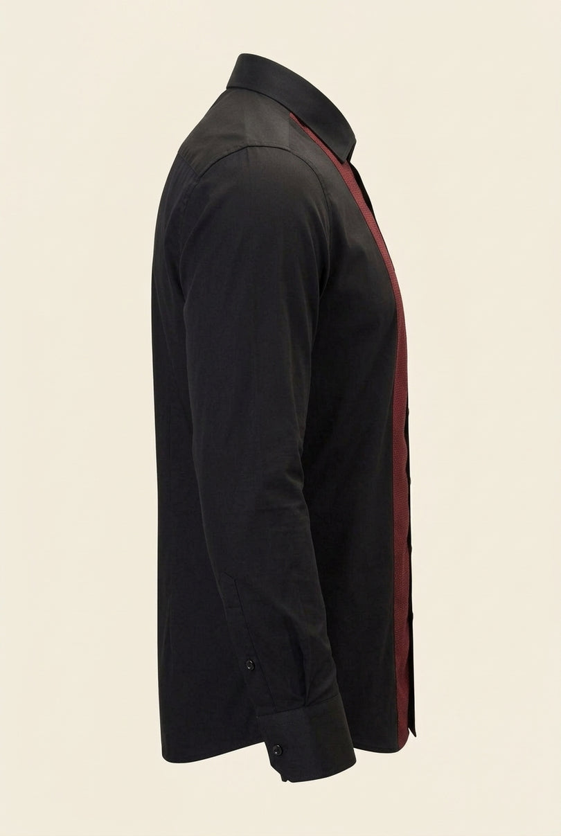 Lurex Paneled Spread Collar Shirt - Black Red - Side