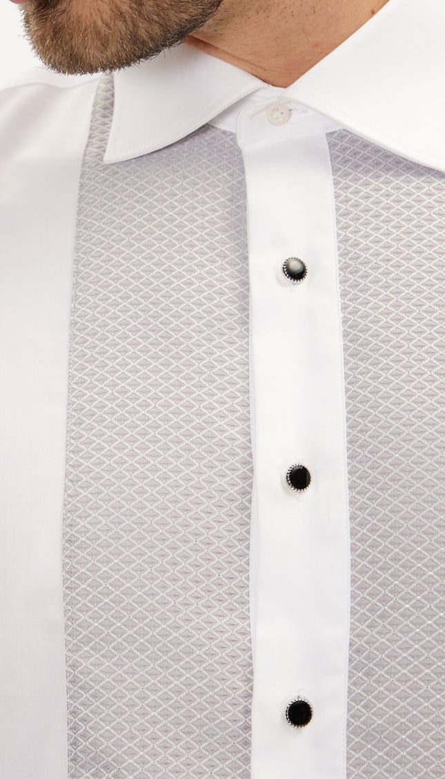 Lurex Paneled Spread Collar Shirt - White Grey - Ron Tomson