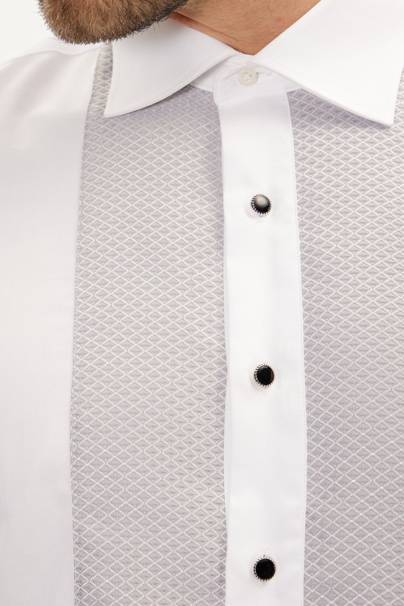 Lurex Paneled Spread Collar Shirt - White Grey - Ron Tomson