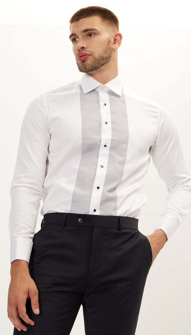 Lurex Paneled Spread Collar Shirt - White Grey - Ron Tomson