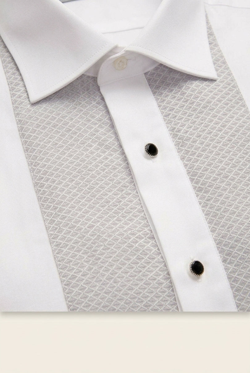 Lurex Paneled Spread Collar Shirt - White Grey - Detail