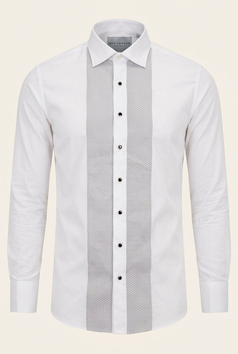 Lurex Paneled Spread Collar Shirt - White Grey - Front