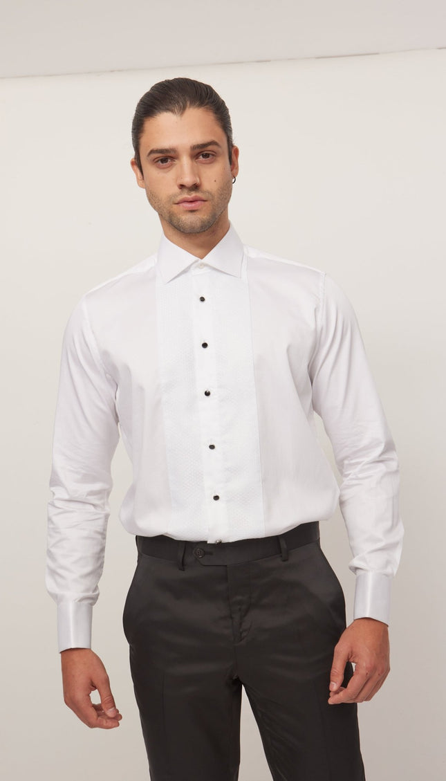 Lurex Paneled Spread Collar Shirt - White White - Ron Tomson