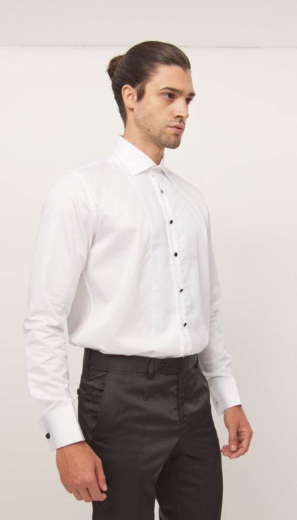 Lurex Paneled Spread Collar Shirt - White White - Ron Tomson