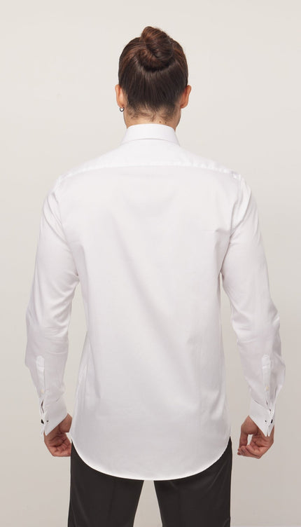 Lurex Paneled Spread Collar Shirt - White White - Ron Tomson