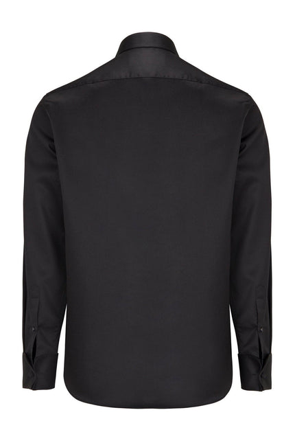 Lurex Paneled Spread Collar Tux Shirt - Black Black - Ron Tomson