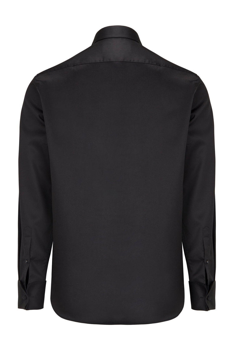 Lurex Paneled Spread Collar Tux Shirt - Black Black - Ron Tomson