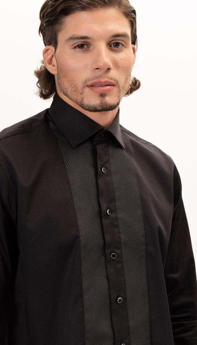 Lurex Paneled Spread Collar Tux Shirt - Black Black - Ron Tomson