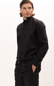 Lurex Paneled Spread Collar Tux Shirt - Black Black - Ron Tomson