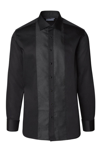 Lurex Paneled Spread Collar Tux Shirt - Black Black - Ron Tomson
