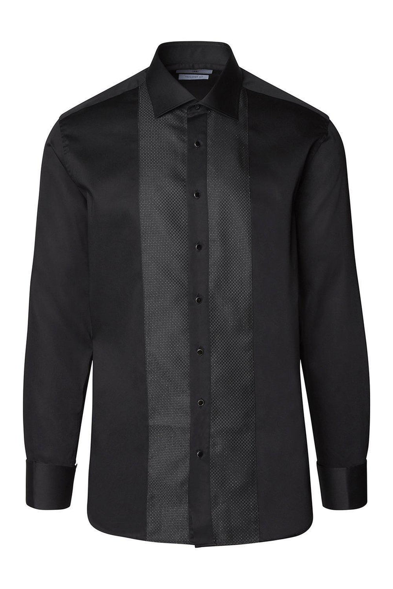 Lurex Paneled Spread Collar Tux Shirt - Black Black - Ron Tomson