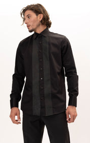 Lurex Paneled Spread Collar Tux Shirt - Black Black - Ron Tomson